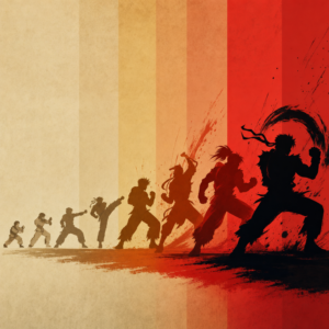 Stylized illustration representing a fighting game series evolving across decades